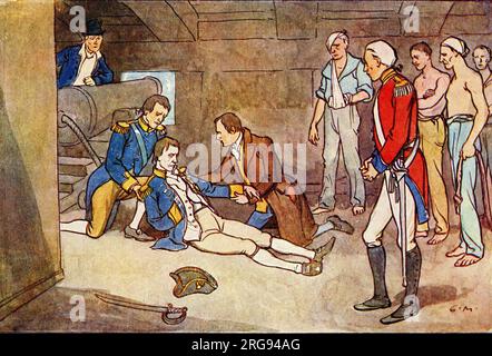 Der Tod Horatio Nelson, 1. Viscount Nelson, 1. Herzog von Bronte (1758-1805) Belowdecks auf „The Victory“, nachdem während der Schlacht von Trafalgar erschossen worden. Stockfoto