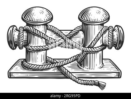 Anlegepfosten mit Schiffsseil. Meereskonzept. Skizzieren Sie eine Vintage-Illustration Stockfoto