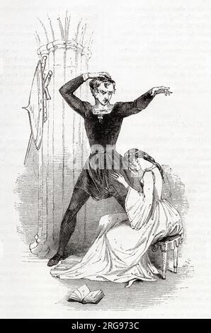 Illustration von Kenny Meadows an Hamlet, Prinz von Dänemark, von William Shakespeare. Hamlet tut so, als sei er wütend, ist Ophelia gegenüber unfreundlich und bricht seine Verlobung mit ihr ab. Stockfoto