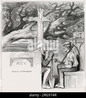 Illustration von Kenny Meadows an Hamlet, Prinz von Dänemark, von William Shakespeare. Zwei Totengräber auf dem Friedhof, die eine Pause vom Grab von Ophelia machen. Stockfoto