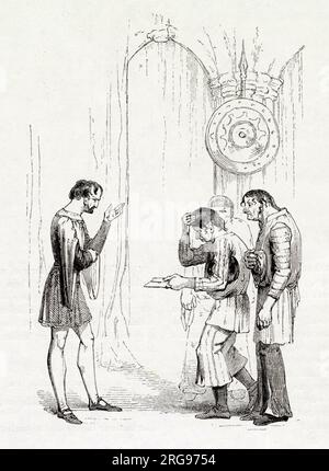 Illustration von Kenny Meadows an Hamlet, Prinz von Dänemark, von William Shakespeare. Matrosen bringen Horatio einen Brief von seinem Freund Hamlet, der nach England geschickt wurde, aber bald zurückkehren wird. Stockfoto