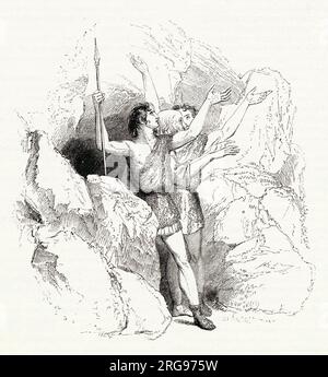 Illustration von Kenny Meadows an Cymbeline, von William Shakespeare. Belarius, Guiderius und Arviragus außerhalb ihrer Höhle in der Wildnis von Wales. Stockfoto