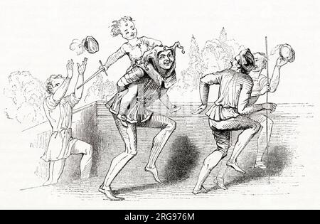 Illustration von Kenny Meadows an Hamlet, Prinz von Dänemark, von William Shakespeare. Der Hofnarr Yorick, der den jungen Hamlet auf seinen Schultern herumträgt. Stockfoto