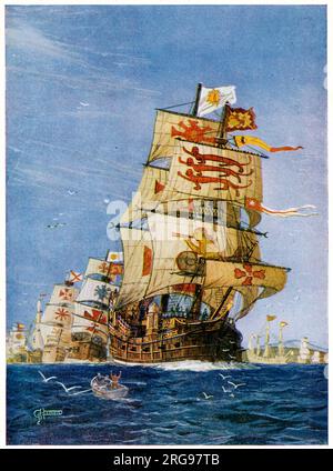 Spanische Armada setzt am 18. Mai 1588 die Segel nach England - etwa 130 Schiffe mit 24.000 Soldaten und Matrosen an Bord. Stockfoto