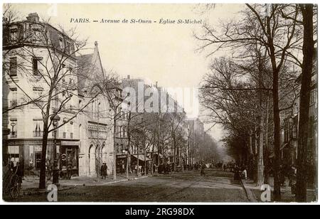 Kirche St. Michel (links), Avenue de St Ouen, Paris, Frankreich. Stockfoto