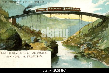 Zug von New York nach San Francisco, überquert eine Brücke auf der Central Pacific Railroad. Stockfoto