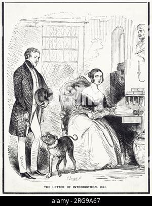 Cartoon, das Einführungsschreiben, 1841 - Königin Victoria und ihr neu gewählter Premierminister Sir Robert Peel (konservativ). Stockfoto