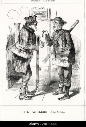 Cartoon, die Rückkehr der Angler – Lord Derby und Benjamin Disraeli, die als Fischer dargestellt wurden, um die schlechte "Rückkehr" der konservativen Partei aus den jüngsten allgemeinen Wahlen zu untersuchen – die liberale Partei unter Lord Palmerston hatte mehr Sitze gewonnen und eine Mehrheit gehalten. Stockfoto