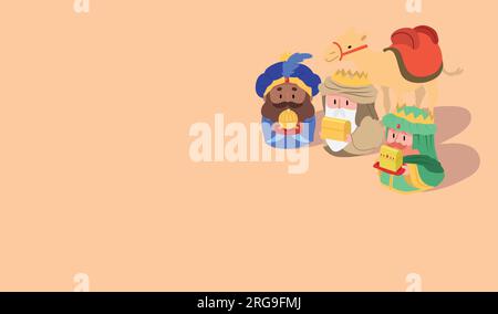 Drei Weise Männer, Magis oder drei biblische Könige, die Geschenke aus Gold, Weihrauch und Myrrrhe Cartoon-Vektor präsentieren. Geburtsvektor oder Epiphaniebanner-Vektor. Stock Vektor