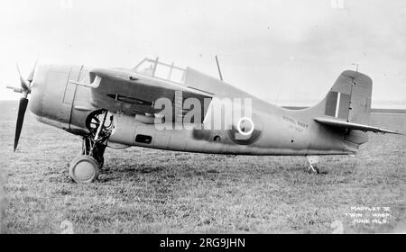 Ein General Motors Martlet V von der Fleet Air Arm. Das Martlet sollte bald in Wildcat umbenannt werden (laut US Navy). Der Martlet V entsprach dem US Navy General Motors FM-1 (Grumman F4F-4), angetrieben von einem Pratt und Whitney Twin Wasp Motor. Von einem Negativ eines Referenzfotos Stockfoto