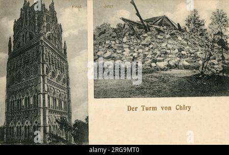 Der kunstvoll verzierte und wunderschöne Turm auf dem Gelände des Chateau Mennechet in Chiry-Ourscamp, Oise, Hauts-de-France, Frankreich - 1915 von deutschen Streitkräften im Jahr WW1 zerstört. Stockfoto