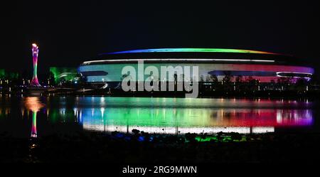 Chengdu, Chinas Provinz Sichuan. 8. Aug. 2023. Der Kessel ist während der Abschlusszeremonie der FISU Summer World University Games 31. in Chengdu, Provinz Sichuan im Südwesten Chinas, am 8. August 2023 zu sehen. Kredit: Wu Gang/Xinhua/Alamy Live News Stockfoto