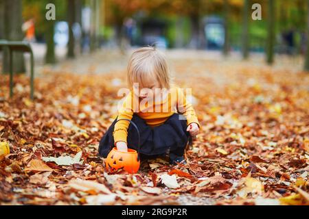 Ein bezauberndes Kleinkind in einem orangefarbenen T-Shirt und schwarzem Tutu, das mit bunten Kürbissen und einem orangefarbenen Eimer im Herbst auf dem Boden liegt Stockfoto