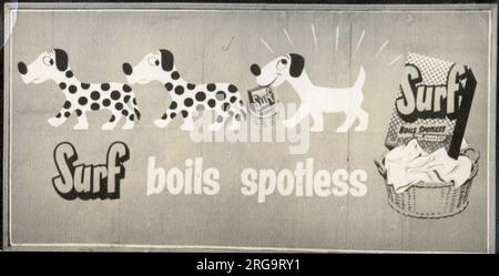 Plakatwerbung auf der Navigation Street, Birmingham, 12. August 1954 - Surf Washing Powder - 'Boils tadellos'. Stockfoto