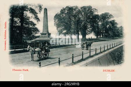 Kutschen in Phoenix Park, Dublin, Irland - im Hintergrund können Sie das Wellington Monument oder genauer das Wellington Testimonial sehen, das erbaut wurde, um die Siege von Arthur Wellesley, dem 1. Herzog von Wellington, zu würdigen. Stockfoto