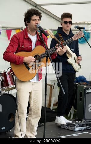 Sänger/Gitarrist bei Art in the Park, Leamington Spa, Warwickshire, England, Großbritannien Stockfoto