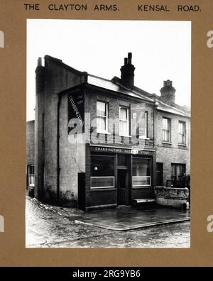 Foto von Clayton Arms, Kensal Road, London. Die Hauptseite des Aufdrucks (hier abgebildet) zeigt: Linke Seite in der Ansicht des Pubs. Auf der Rückseite des Aufdrucks (auf Anfrage erhältlich) finden Sie Details: Nichts für die Clayton Arms, Kensal Road, London W10 5JS. Seit Juli 2018 . In den 50er Jahren geschlossen. Abgerissen für Wohnungen Stockfoto