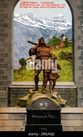 Altdorf, Schweiz - Statue von William Tell, einem Schweizer Volksheld aus dem 14.. Jahrhundert. Der Legende nach war Tell ein erfahrener Schütze mit der Armbrust, der Albrecht Gessler ermordete, einen tyrannischen Vorabend der österreichischen Herzöge des Hauses Habsburg in Altdorf im Kanton Uri. In der bekanntesten Version der Apple-Shot-Legende befahl Gessler Tell, mit einem einzigen Bolzen aus seiner Armbrust einen Apfel vom Kopf seines Sohnes zu schießen. Stockfoto