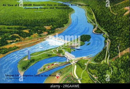 Portland, Oregon, USA – der Bonneville Dam $100.000.000 am Columbia River Highway, der Oregon und Washington verbindet, ist aus der Vogelperspektive zu sehen. Das größte Lift-Navigationsschloss der Welt. Stockfoto