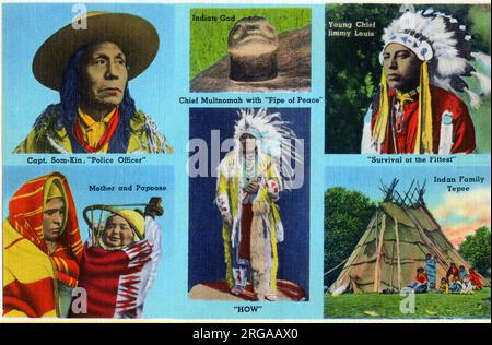 Portland, Oregon, USA – (im Uhrzeigersinn von oben links): Captain Som-Kin, „Police Officer“; ein „indischer Gott“; junger Chief Jimmy Louis; eine indische Mutter und Papoose; Chief Multnomah mit „Pipe of Peace“; ein Tepee der indischen Familie. Stockfoto