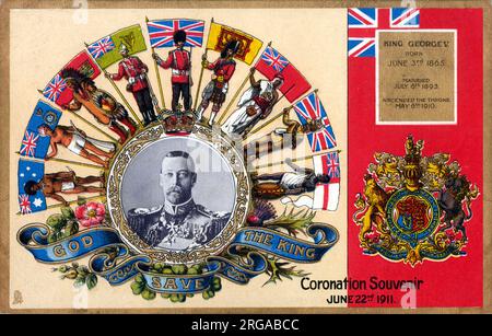 King George V (1865-1936) - Kronjuwelen-Postkarte - 22. Juni 1911 (der König stieg am 6. Mai 1910 auf den Thron). Stockfoto