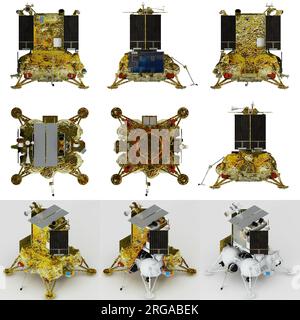 Luna-25-Infografiken isoliert auf Weiß. Russisches Mondforschungsprogramm 3D Rendern. Stockfoto