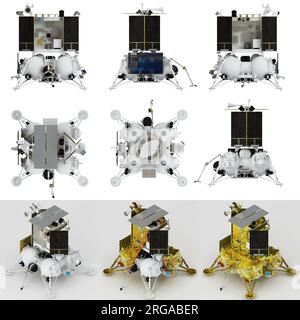 Luna-25-Infografiken isoliert auf Weiß. Russisches Mondforschungsprogramm 3D Rendern. Stockfoto