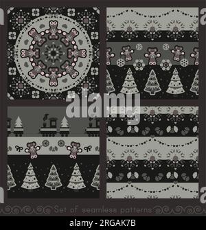 Gruppe nahtloser Muster. Ein kleiner Weihnachtszug mit dem Weihnachtsbaum. Süßer Kuschelbär. Weihnachtsbaum und Engel. Dunkelgrau und Mandelgrün Stock Vektor