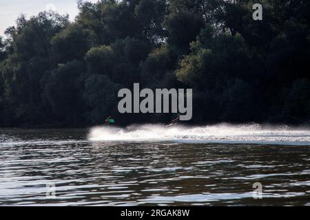 Belgrad, Serbien, 31. Juli 2023: Zwei Wasserroller auf der Donau Stockfoto