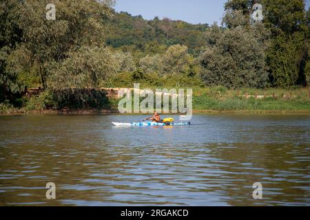 Serbien, 04. August 2023: Die Teilnehmer der TOUR INTERNATIONAL DANUBIEN (TID) Regatta (Quelle der Donau-Schwarzes Meer) passieren eine Etappe Veliko Selo Stockfoto