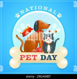 Katzen- und Hundetiere mit Futter- und Spielzeugelementen in 3D-Vektor. Geeignet für den National Pet Day und Werbung im Geschäft Stock Vektor