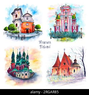 Set 4 von Aquarellskizzen von Poznan, Polen Stockfoto