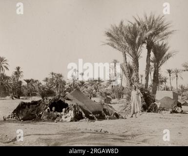 Vintage-Fotografie des 19. Jahrhunderts - Beduinenkamp, Biskra, Algerien. Die Beduinen oder Bedu sind eine ethnische Gruppe nomadischer Araber, die historisch die Wüstenregionen Nordafrikas, der Arabischen Halbinsel, Obermesopotamiens und der Levante bewohnt haben Stockfoto