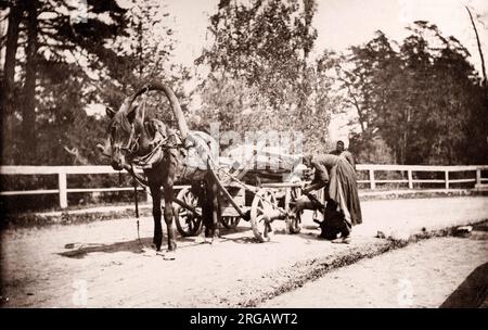 19 Vintage Foto Russland - Russische von Pferden gezogene Wagen mit Holz Stockfoto