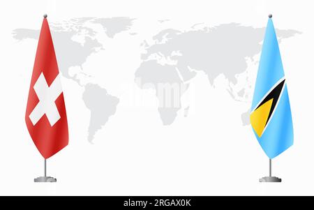 Schweiz und St. Lucia Flaggen für offizielles Treffen vor dem Hintergrund der Weltkarte. Stock Vektor