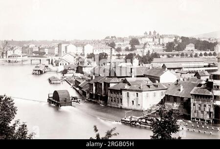 19. Jahrhundert Vintage-Foto: Panoramablick auf die Stadt Genf, Schweiz. Stockfoto