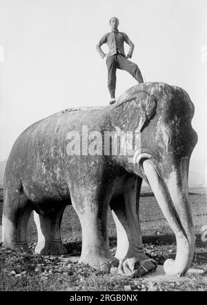 Mann auf Steinelefanten, kaiserliche Ming-Gräber, China, c,1910 Stockfoto