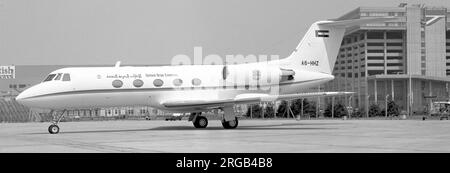 Grumman G-1159 Gulfstream II A6-HHZ (msn 164) des Präsidentenflugs der Vereinigten Arabischen Emirate am Flughafen London Heathrow. Stockfoto