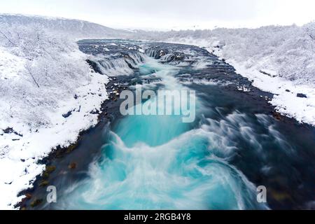 Bruarfoss-Wasserfall im Winter, südliche Region / Suðurland, Island Stockfoto