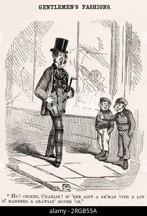 Männermode, 1853. Zwei kleine Jungs auf der Straße lachen über die ungeheuerlich gemusterte Weste eines Mannes. Ho! Heiliger Strohsack! Wenn es kein ge'man mit viel zu tun hat, dann krabbelt er über 'im'. Stockfoto