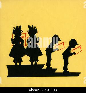 Original Artwork - ausgeschnittene Silhouetten-Illustration für ein Originalbuch von Iris Chick namens The Gummys - The Power of reading - Zwillingsmädchen und Zwillingsjungen lesen. Stockfoto