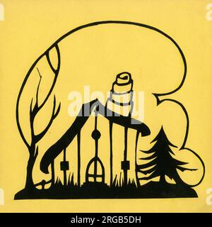 Original Artwork - eine ausgeschnittene Silhouette für ein Originalbuch von Iris Chick namens Gummys - ein geheimnisvolles kleines Holzhaus im Wald. Stockfoto