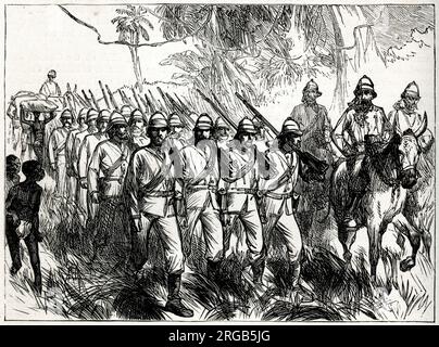 Auf dem Weg nach Kumasi, dem Dritten Anglo-Ashanti-Krieg oder der ersten Ashanti-Expedition (1873-1874, um in Kumasi festgehaltene europäische Missionsgefangene zu retten), Westafrika (Ghana). Stockfoto