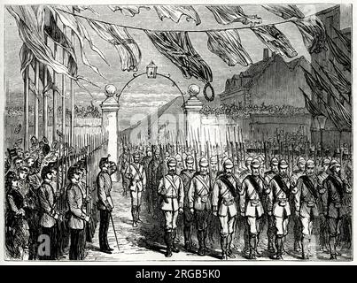 Rückkehr der Truppen aus dem Dienst im dritten Anglo-Ashanti-Krieg oder bei der ersten Ashanti-Expedition (1873-1874, um in Kumasi festgehaltene europäische Missionarskapitäne zu retten), Westafrika (Ghana). Stockfoto