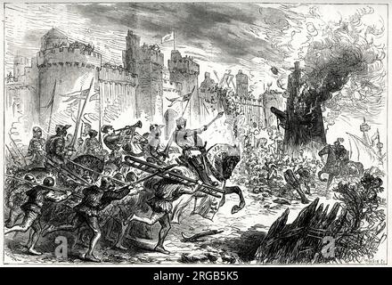 König Edward I. in Aktion während der Belagerung von Berwick, während des Ersten Krieges der schottischen Unabhängigkeit. Stockfoto