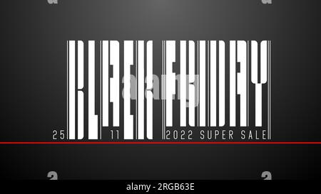 Weißer schwarzer Freitag-Text im Barcode-Stil auf schwarzem Hintergrund mit roter scannerfarbener Linie. Futuristisches Verkaufskonzept des Vektors. Sonderangebot vom 25. november. Stock Vektor