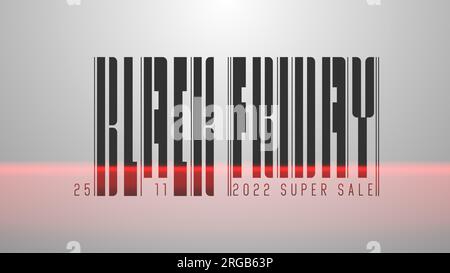 Schwarzer Freitag-Text im Barcode-Stil auf weißem Hintergrund mit roter Linie als Scanner. Vector futuristisches Verkaufskonzept hellgrauer Hintergrund. 25. november Su Stock Vektor