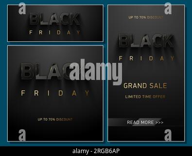 Black Friday Modern Sosial Media Post Design Vektorvorlage Set. Glänzender schwarzer Volumentext dünner goldener Rahmen auf dunkelgrauem Hintergrund. Quadratisch, horizontal Stock Vektor