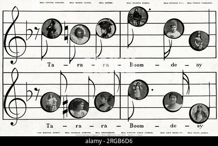 TA-ra-ra-Boom-de-ay - das beliebte Lied in musikalischer Notierung mit Porträts Stockfoto