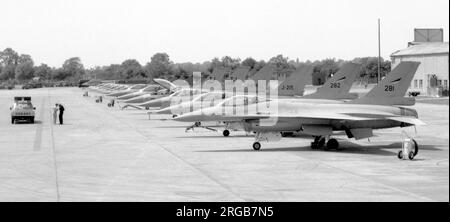 Royal Norwegian Air Force - General Dynamics F-16A kämpft gegen Falcon '281' mit '282'. Ebenfalls vertreten sind F-16AS „J-215“ und „J-238“ der niederländischen Air Force, „82-914“, „82-002“ der US Air Force sowie F-104G Starfighters der Luftwaffe. Stockfoto